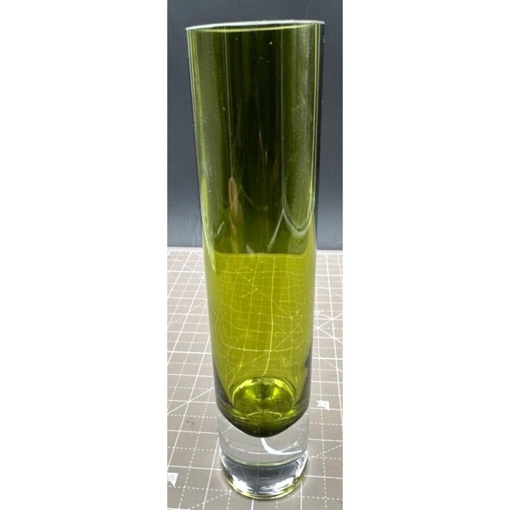 Handcrafted Green Glass Cylinder Vase With Clear Base